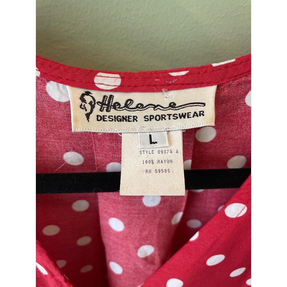 Vintage Helene Red Polka Dot V-Neck Rayon Blouse Rockabilly L 88373 A - Picture 2 of 3